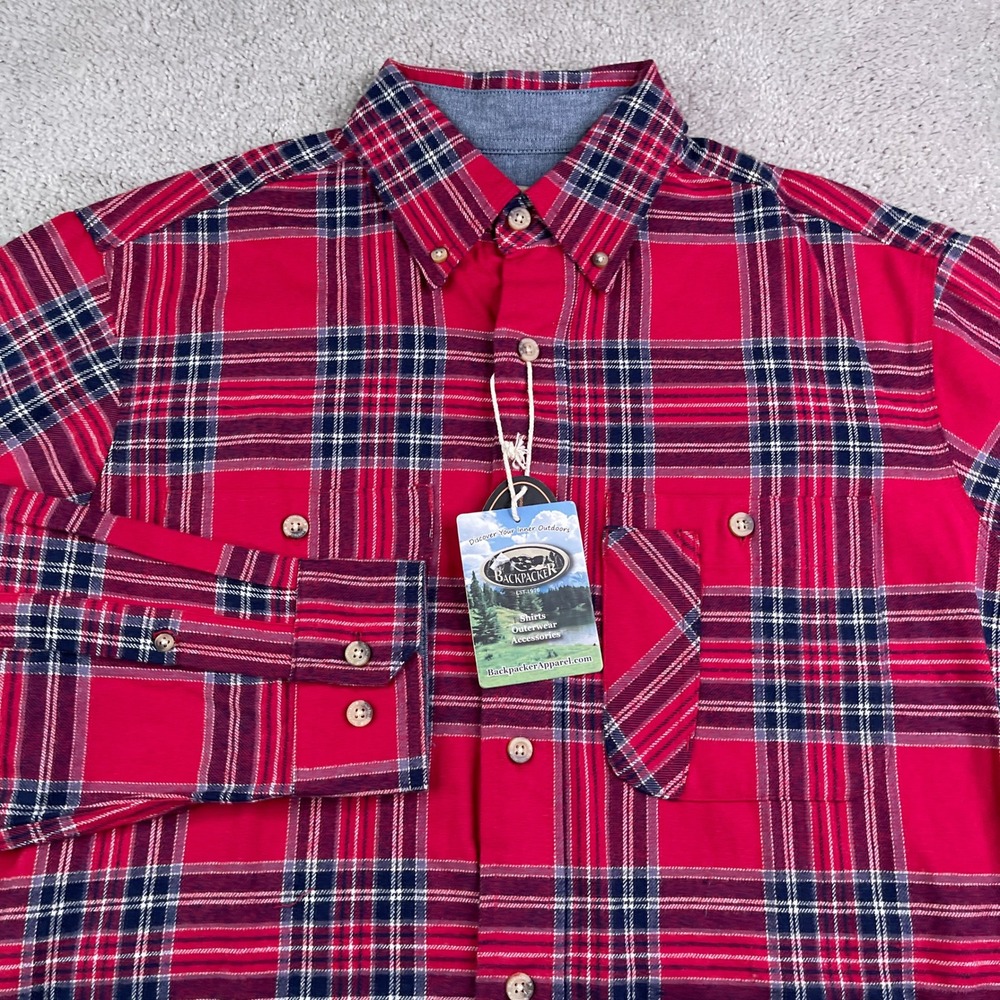NEW Backpacker Shirt Mens Medium Red Stuart Plaid Flannel Cotton Outdoor NWT